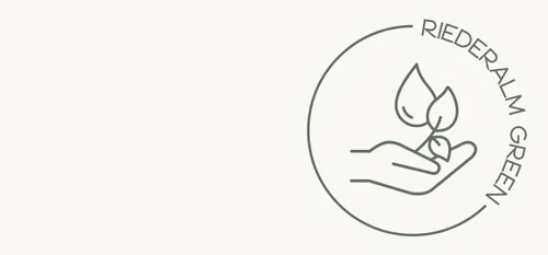 Minimalist Riederalm Green logo with a hand holding two leaves in a circular outline